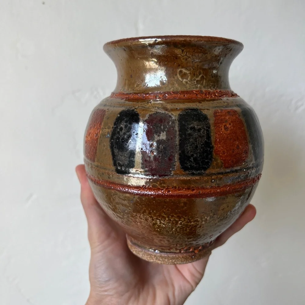 Stoneware hand made vase metallic glaze bronze orange mid century pottery